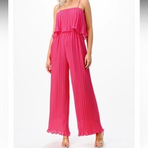 TALIA BENSON Pink Pleated Wide Leg Jumpsuit‎ Party Chiffon Italy Tropical L